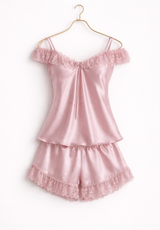 Satin Short Set: Top With Dantel Across The Front And Shorts