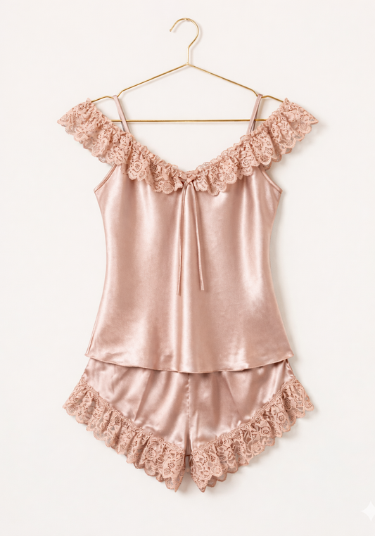 Satin Short Set: Top With Dantel Across The Front And Shorts