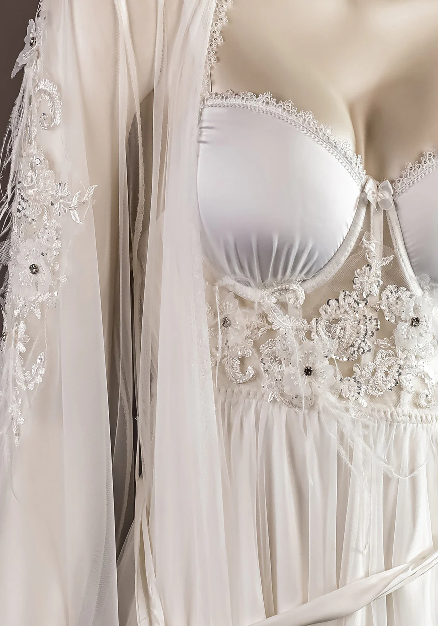 Bridal Long Robe Set: Bustier Bra Satin Babydoll-Like With Schiffon Long Nighty With Furr Dantel And Long Schiffon Robe
