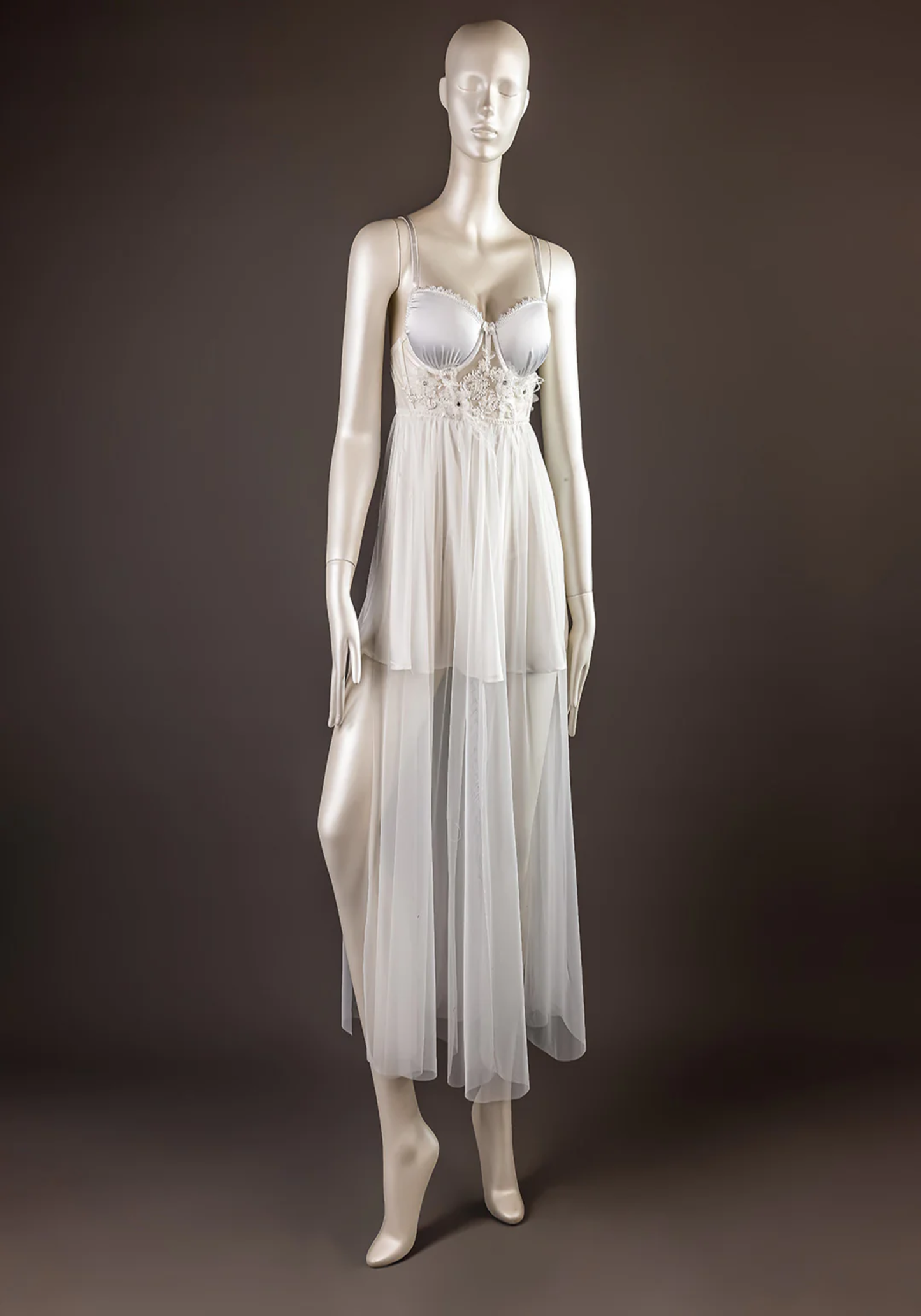Bridal Long Robe Set: Bustier Bra Satin Babydoll-Like With Schiffon Long Nighty With Furr Dantel And Long Schiffon Robe