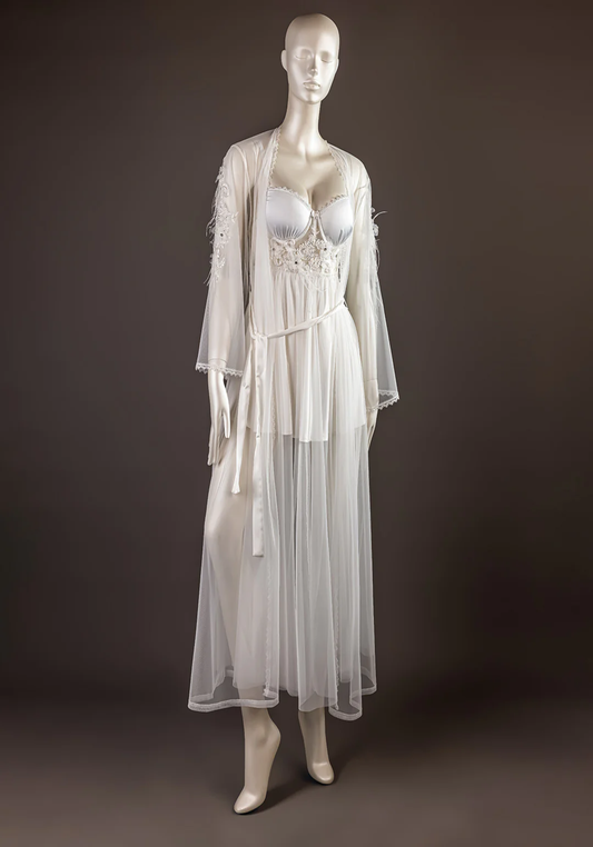 Bridal Long Robe Set: Bustier Bra Satin Babydoll-Like With Schiffon Long Nighty With Furr Dantel And Long Schiffon Robe