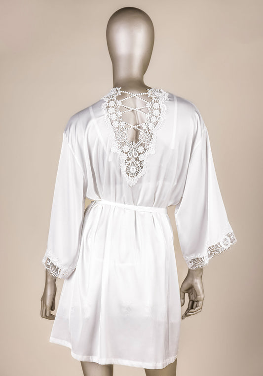 Bridal Short Robe Set: Satin Plain Shoulder Strap Nighty And Satin Kimono With Lace Detail