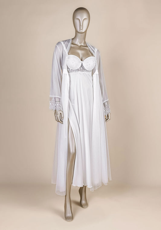Bridal Robe Set: Padded Underwire Bra Satin Long Nighty And Long Chiffon Kimono With Dantel Detail