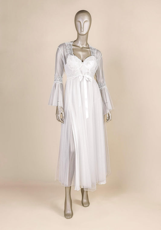 Bridal Long Robe Set: Satin Lace Babydoll With Long Chiffon Lace Kimono