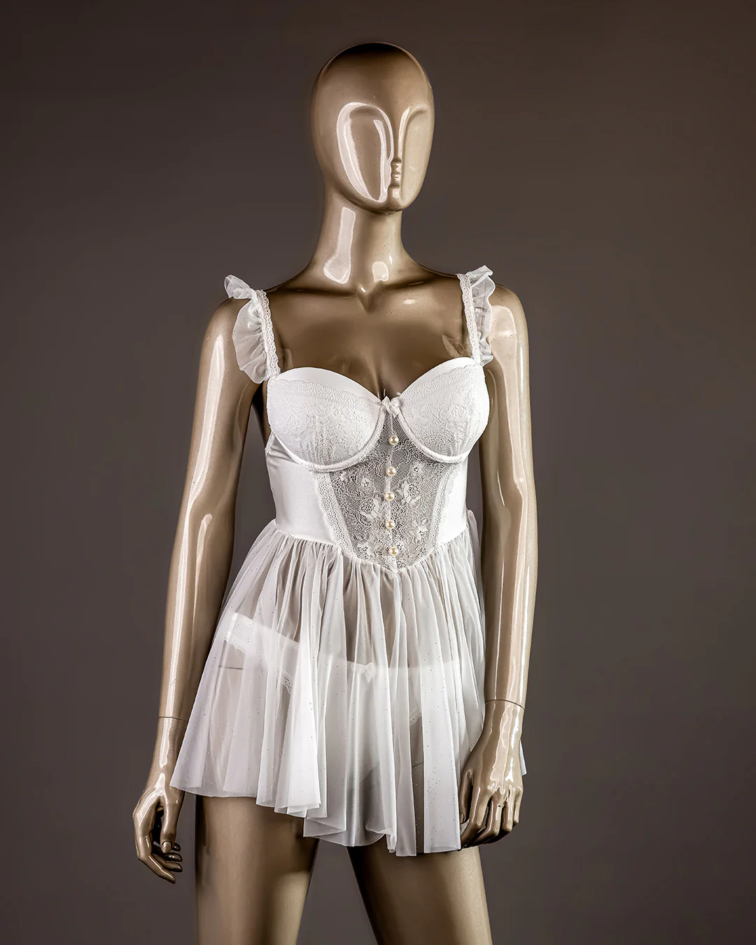 Bridal Babydoll: Ruffle Strap Dantel Padded Cup Bustier Schiffon Babydoll With Satin Lace Panty