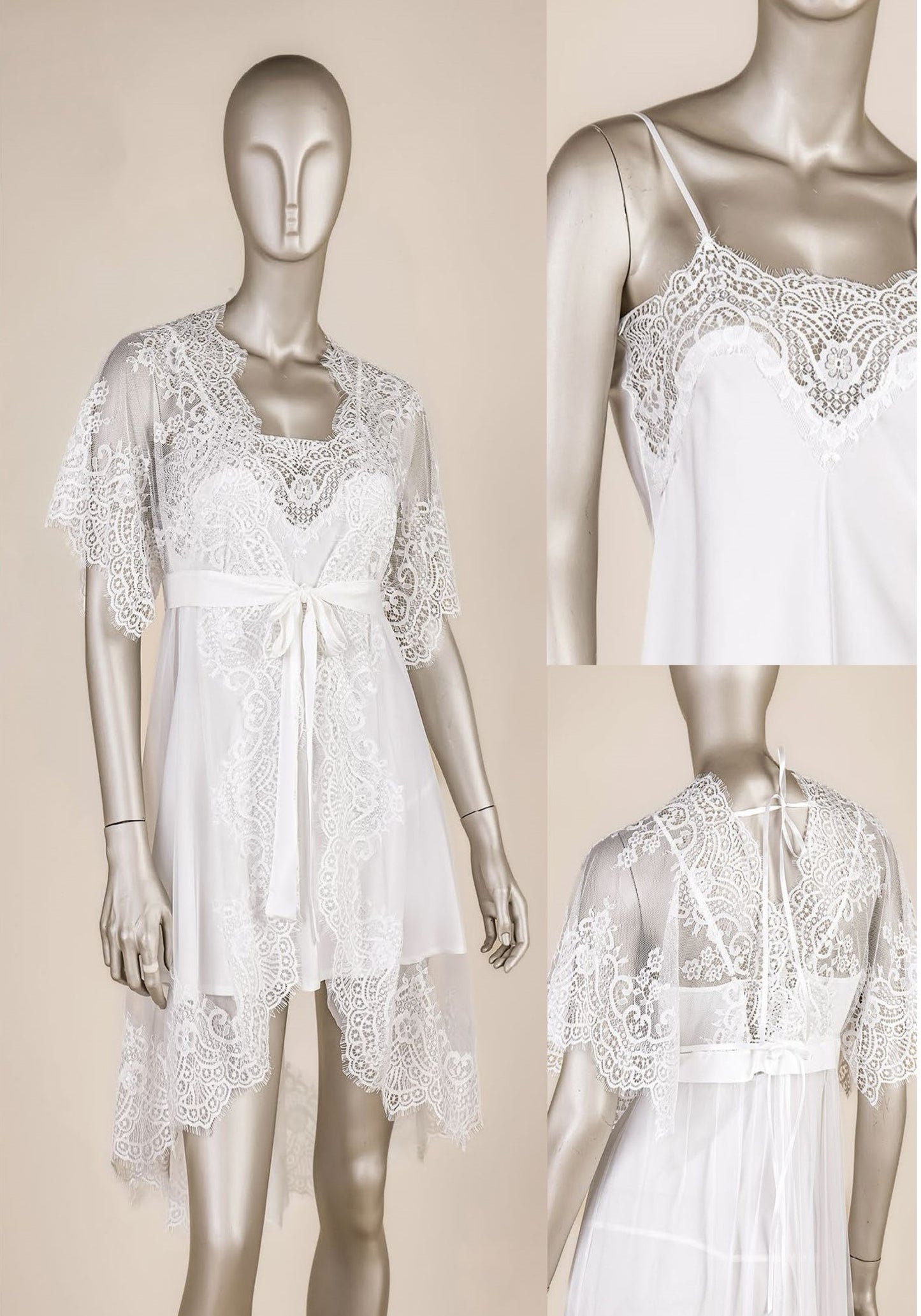 Bridal Robe Set: Lace Top Satin Short Nighty With Fully Laced Chiffon Kimono