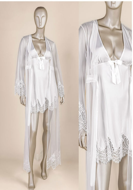 Bridal Robe Set: Open Front Full Satin Lace Bottom Babydoll With Long Chiffon Lace Kimono