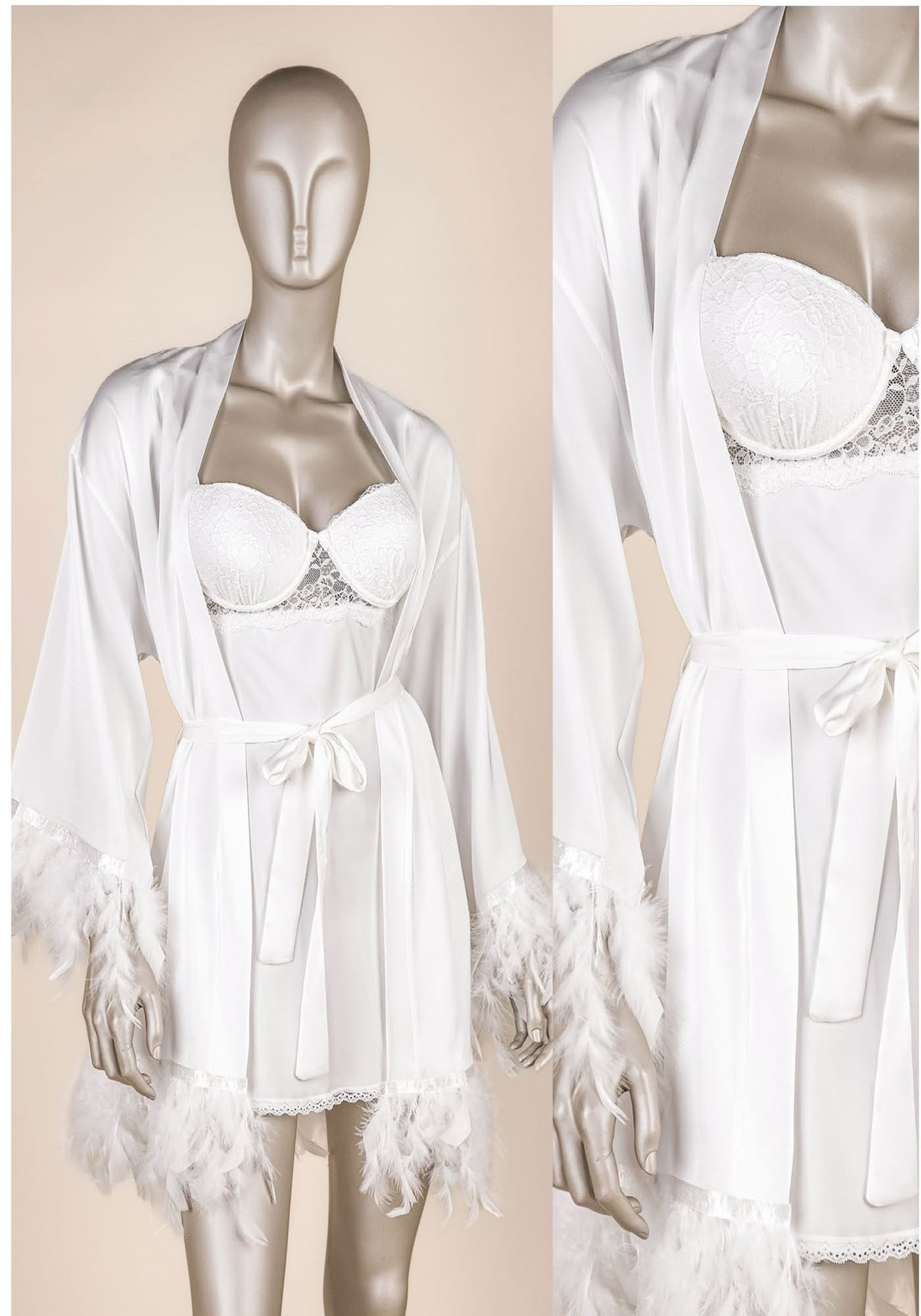 Bridal Robe Set: Underwire Padded Lace Bra Top Satin Babydoll And Satin Furr Short Kimono