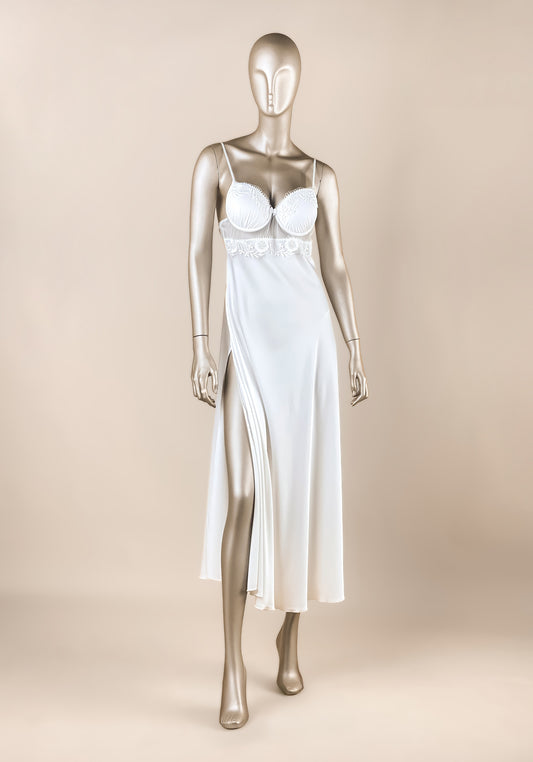 Bridal Robe Set: Padded Underwire Satin Long Nighty And Long Sschiffon Robe With Lace Detail