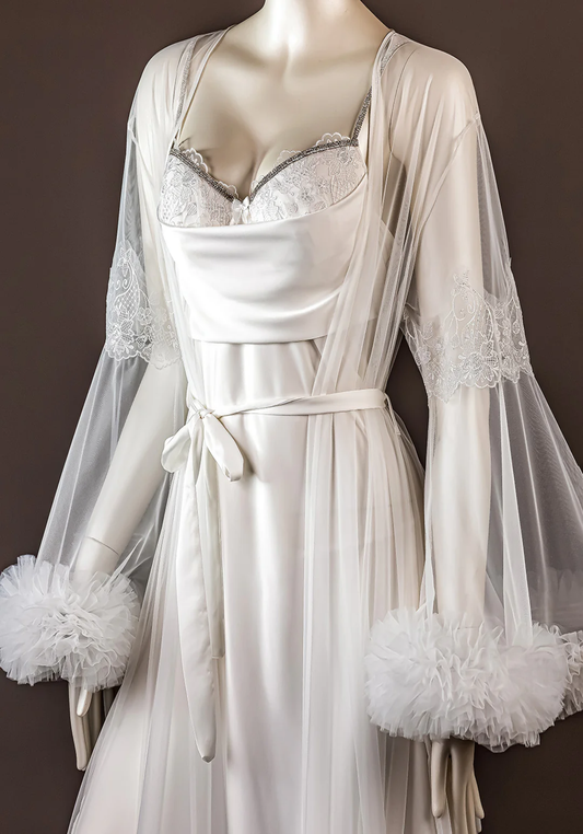 Bridal Long Robe Set: Satin Shoulder Stras Strap Lace Padded Cup Satin Long Nighty And Long Sleeve Long Schiffon Robe With Ruffles