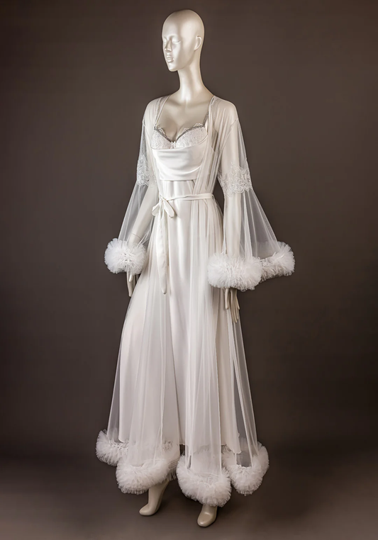 Bridal Long Robe Set: Satin Shoulder Stras Strap Lace Padded Cup Satin Long Nighty And Long Sleeve Long Schiffon Robe With Ruffles