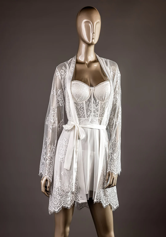 Bridal Short Robe Set: Lace Bustier Padded Cup Satin Nighty And Full Dantel Long Sleeve Short Robe