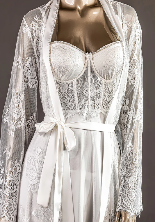 Bridal Short Robe Set: Lace Bustier Padded Cup Satin Nighty And Full Dantel Long Sleeve Short Robe