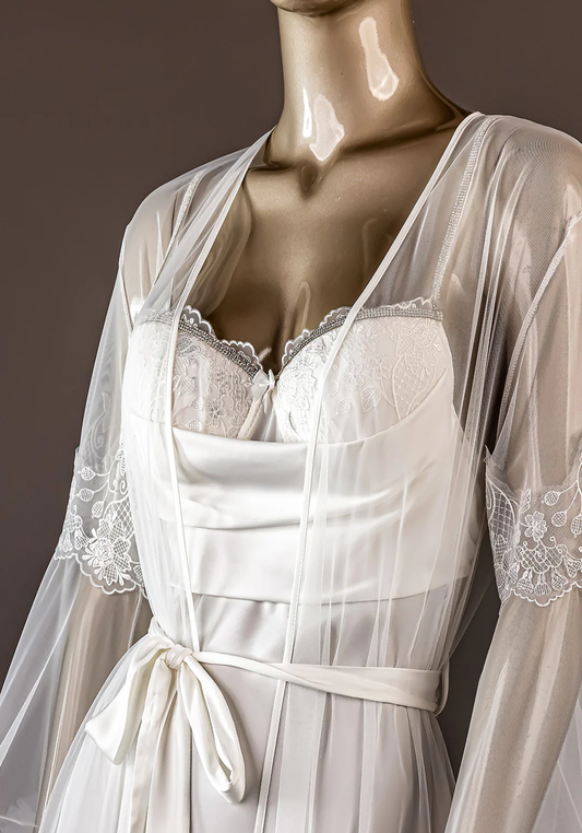 Bridal Short Robe Set: Satin Shoulder Stras Strap Lace Padded Cup Satin Short Nighty And Long Sleeve Short Schiffon Robe With Ruffles