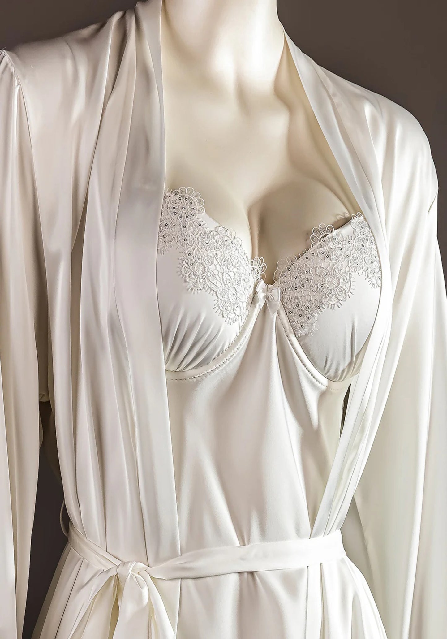 Bridal Long Robe Set: Satin Underwire Padded Short Nighty With Lace Detail And Satin Long Robe With Dantel On The Sleeves And Bottom