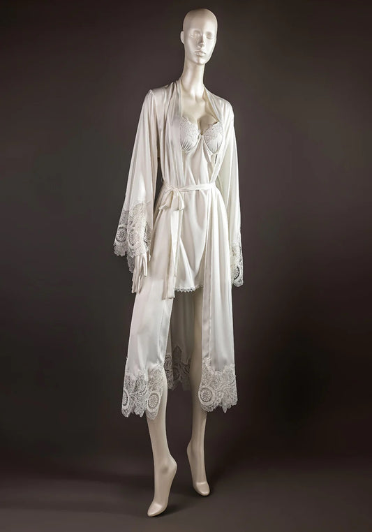 Bridal Long Robe Set: Satin Underwire Padded Short Nighty With Lace Detail And Satin Long Robe With Dantel On The Sleeves And Bottom