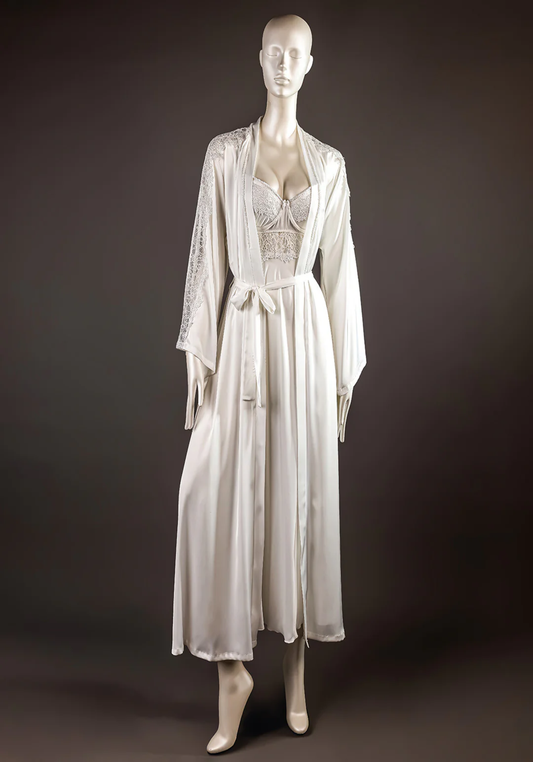 Bridal Long Robe Set: Shoulder Strap Padded Underwire Cup Satin Long Nighty And Satin Long Robe With Lace On The Sleeves