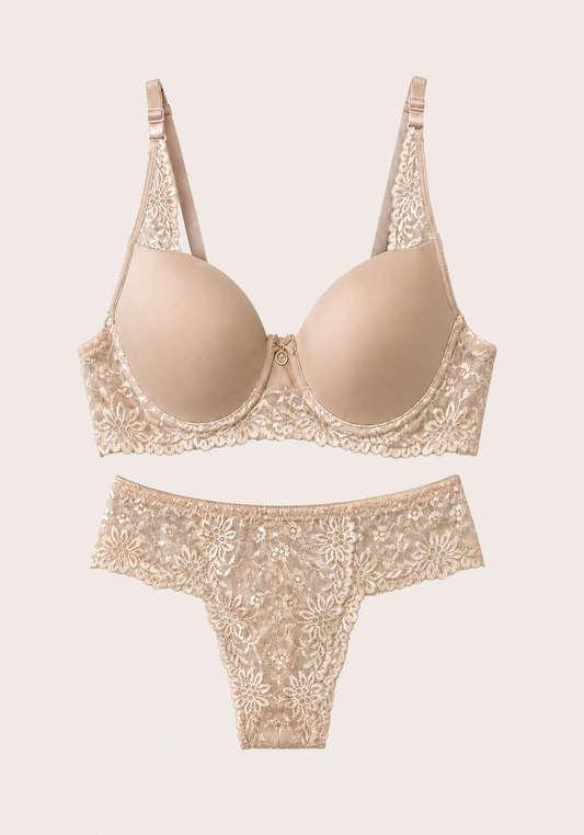 Lingerie Bra Set: Plain Padded Cup Bra With Lace Detail And Full Dantel Panty