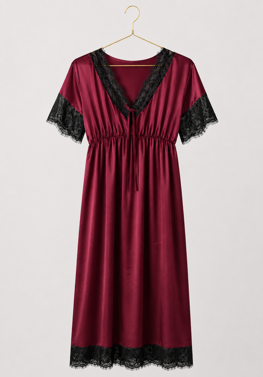 Satin Midi Gown With Waist Elastic And Lace Detail On The Neck, Sleeves, And Bottom