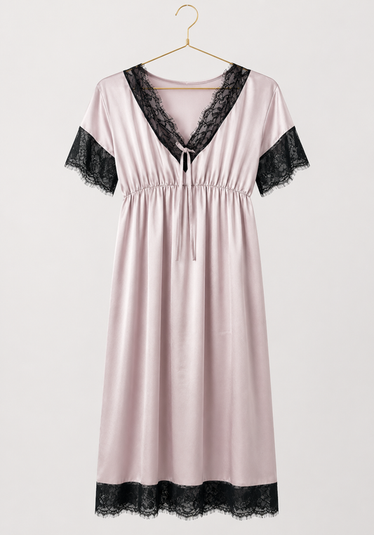 Satin Midi Gown With Waist Elastic And Lace Detail On The Neck, Sleeves, And Bottom