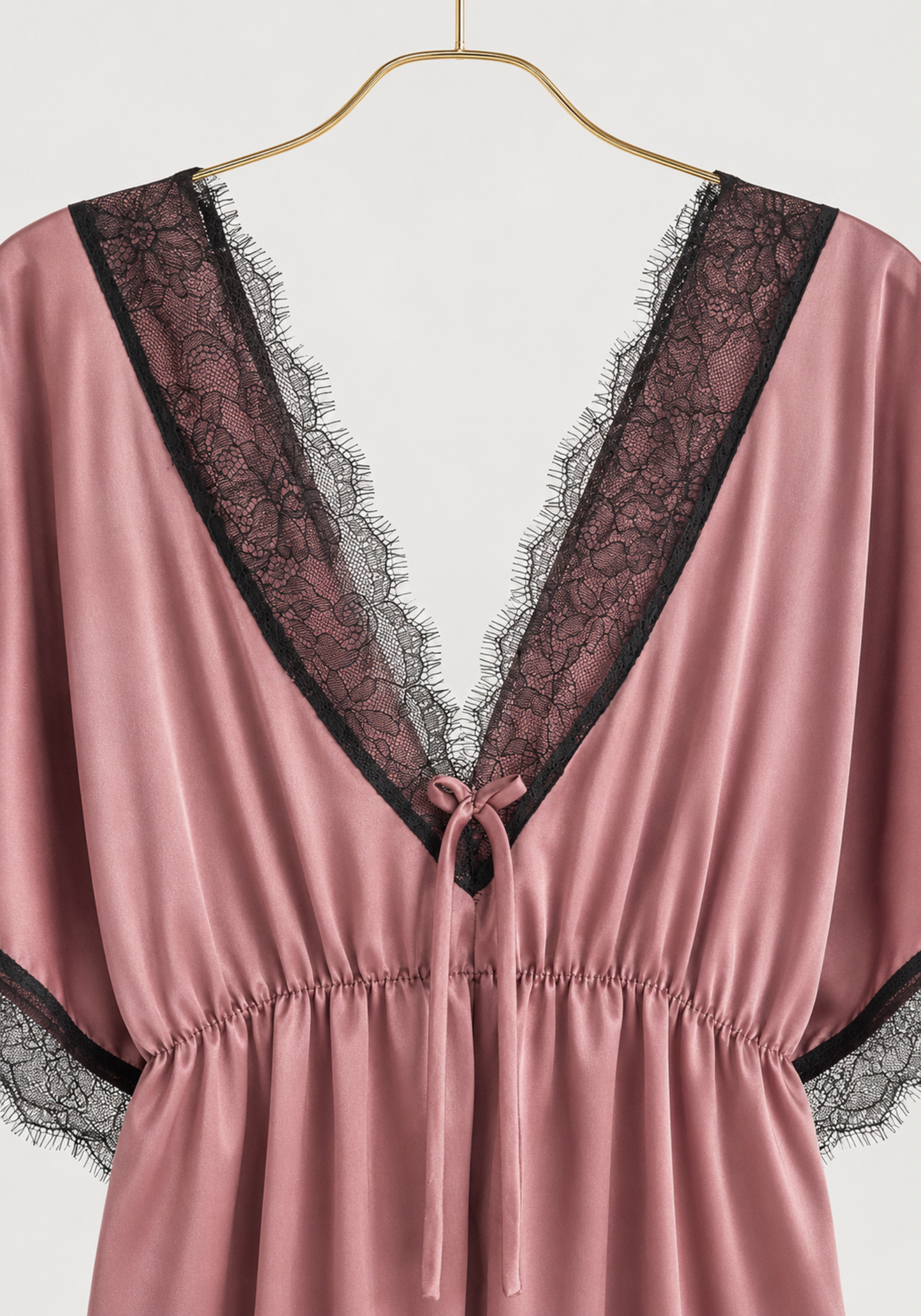 Satin Midi Gown With Waist Elastic And Lace Detail On The Neck, Sleeves, And Bottom