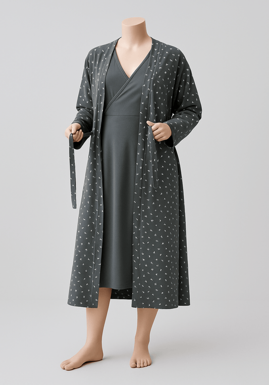 Maternal 2 Pieces Cotton Lycra Long Robe And Nighty Set