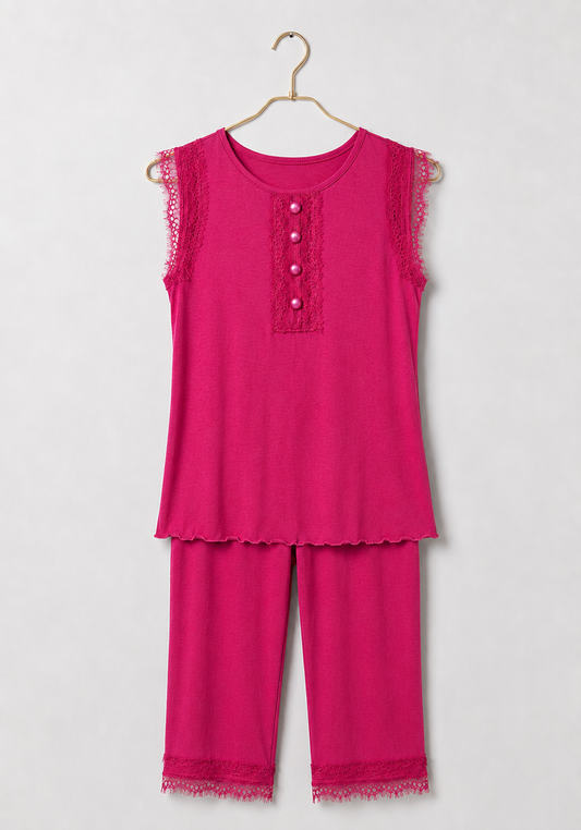 Capri Set: Viscose Elastan Sleeveless Top And Capri With Lace Detail
