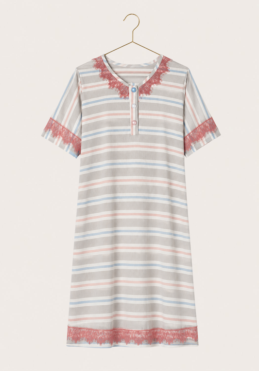 Soft Striped Short Nighty: Lace Button Collar Short Sleeve Short Nighty With Lace Detail