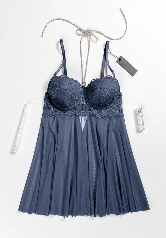 Lingerie Babydoll: Shoulder Strap Dantel Padded Bra With Stras Necklace Attached With Toulle Extension And Panty