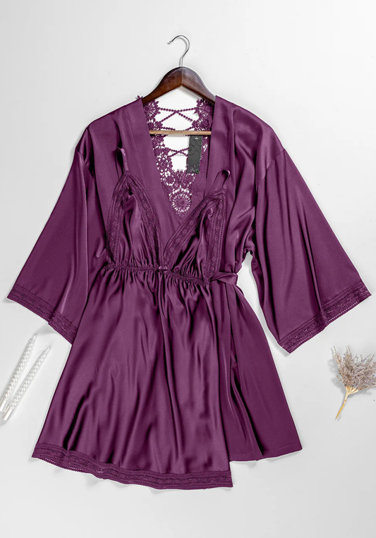 Lingerie Short Robe Set: Full Satin Babydoll And Full Satin Short Robe With Dantel At The Back