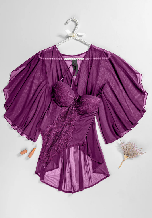 Lingerie Short Robe Set: Satin Lace Padded Bra Bodysuit And Schiffon Butterfly Short Kimono
