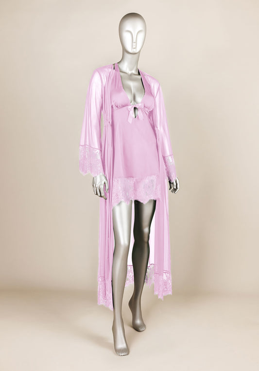 Satin Robe Set: Satin Babydoll With Bottom Lace And Long Chiffon Lace Kimono