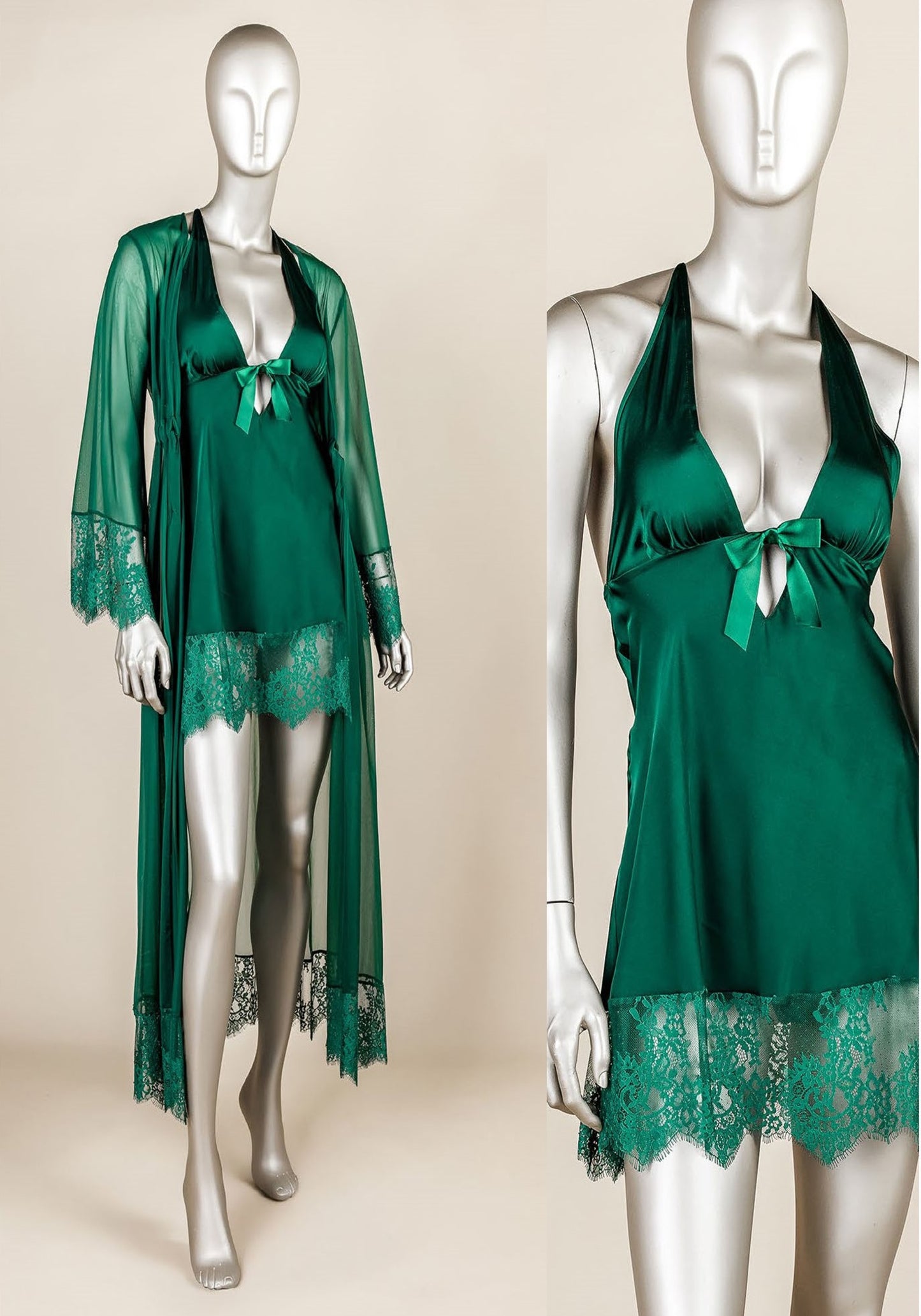 Satin Robe Set: Satin Babydoll With Bottom Lace And Long Chiffon Lace Kimono