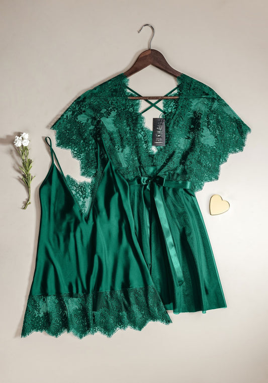 Satin Robe Set: V-Front Lace Back Satin Babydoll With Lace Detail And Full Lace Robe Set