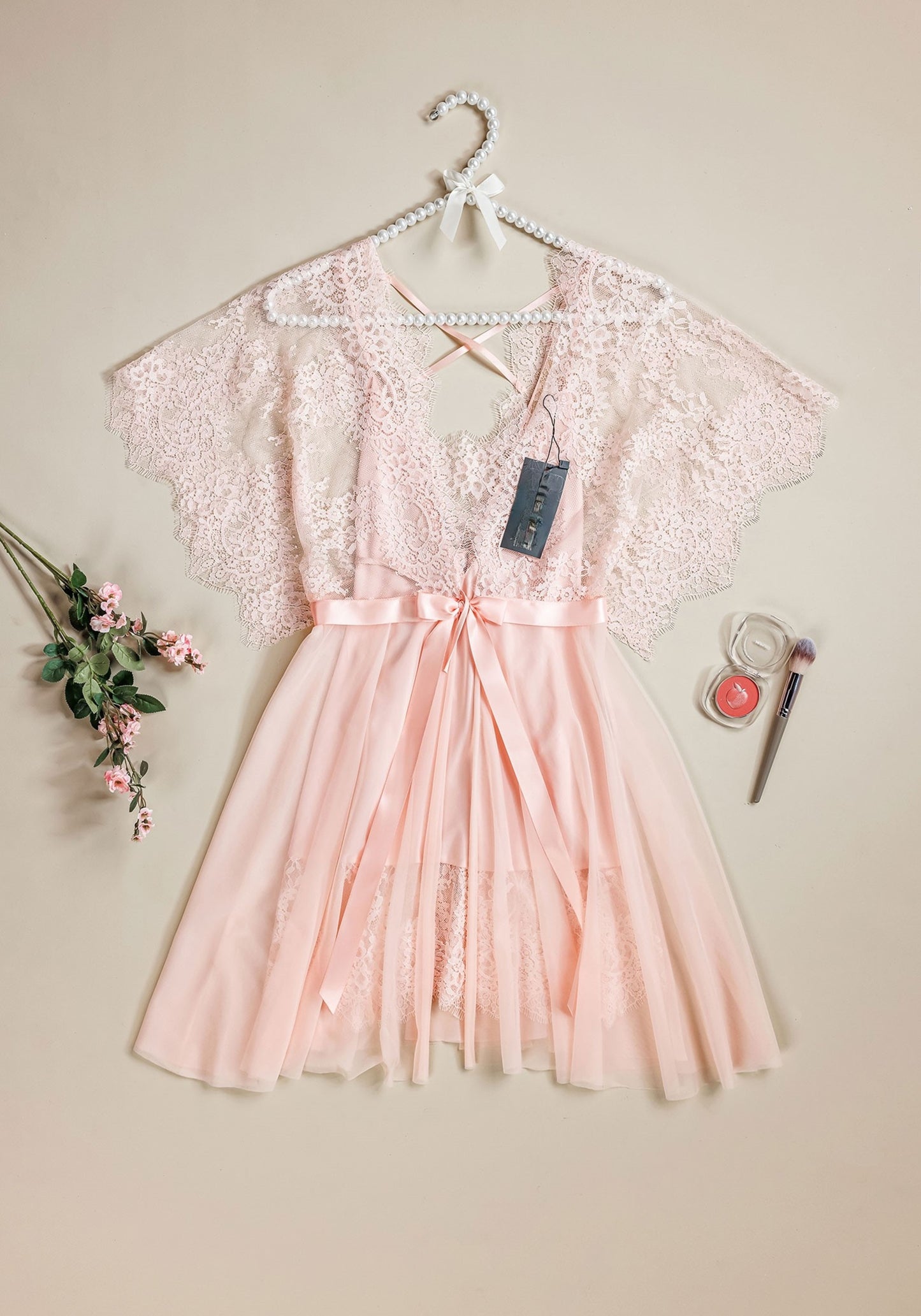 Satin Robe Set: V-Front Lace Back Satin Babydoll With Lace Detail And Full Lace Robe Set