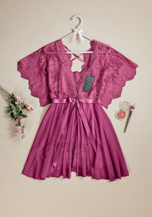 Satin Robe Set: V-Front Lace Back Satin Babydoll With Lace Detail And Full Lace Robe Set