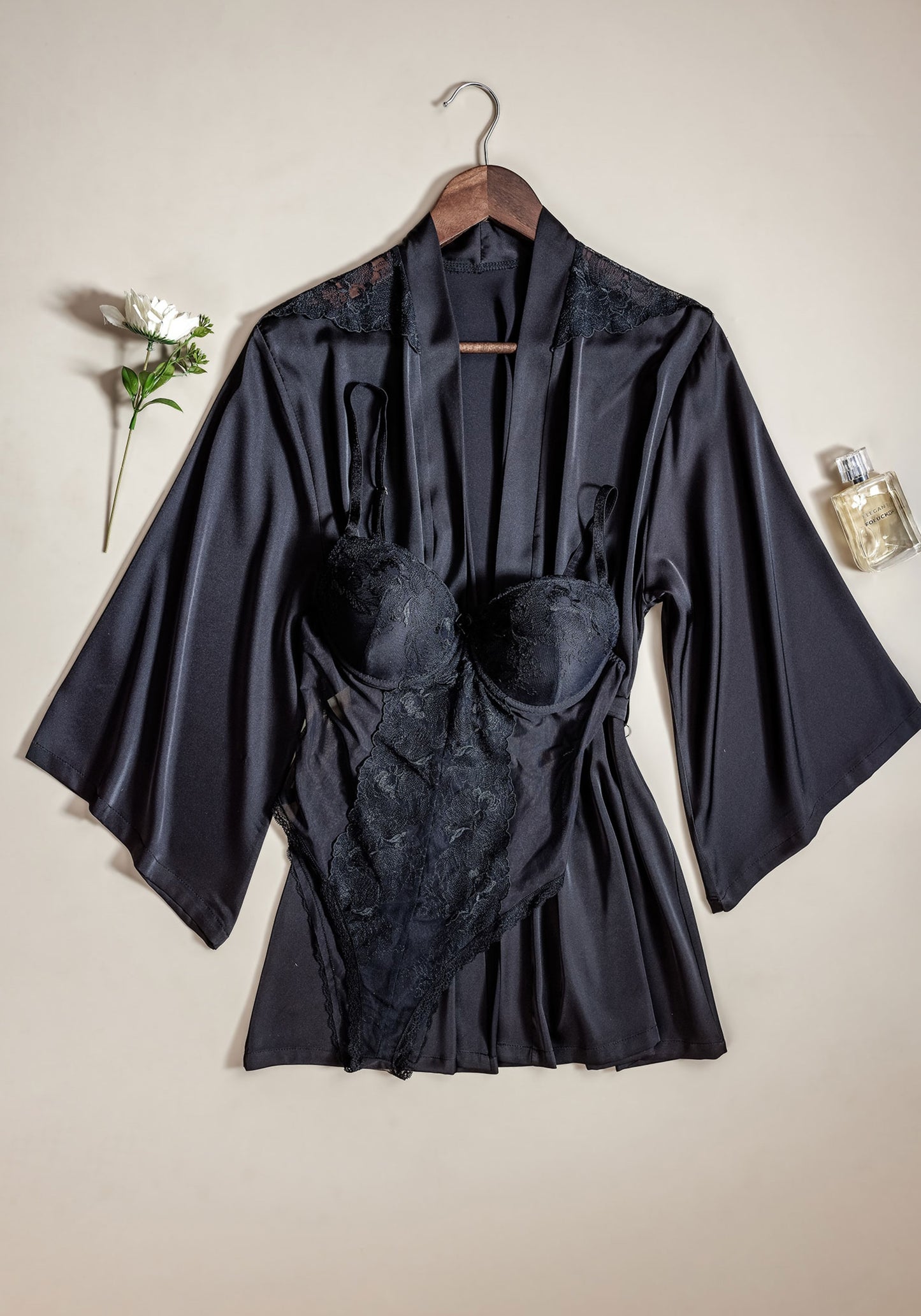 Bodysuit Robe Set: Padded Underwired Bra Satin Lace Bodysuit And Satin Lace Short Kimono