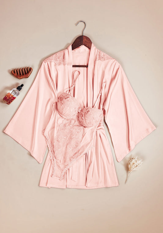 Bodysuit Robe Set: Padded Underwired Bra Satin Lace Bodysuit And Satin Lace Short Kimono