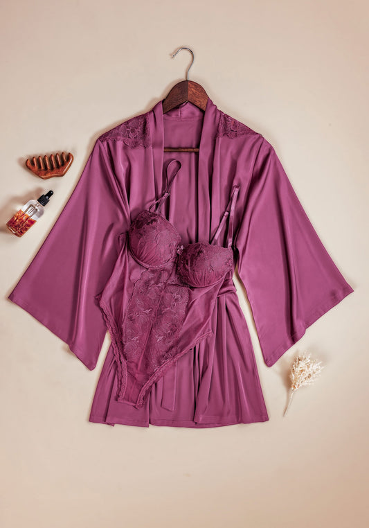 Bodysuit Robe Set: Padded Underwired Bra Satin Lace Bodysuit And Satin Lace Short Kimono
