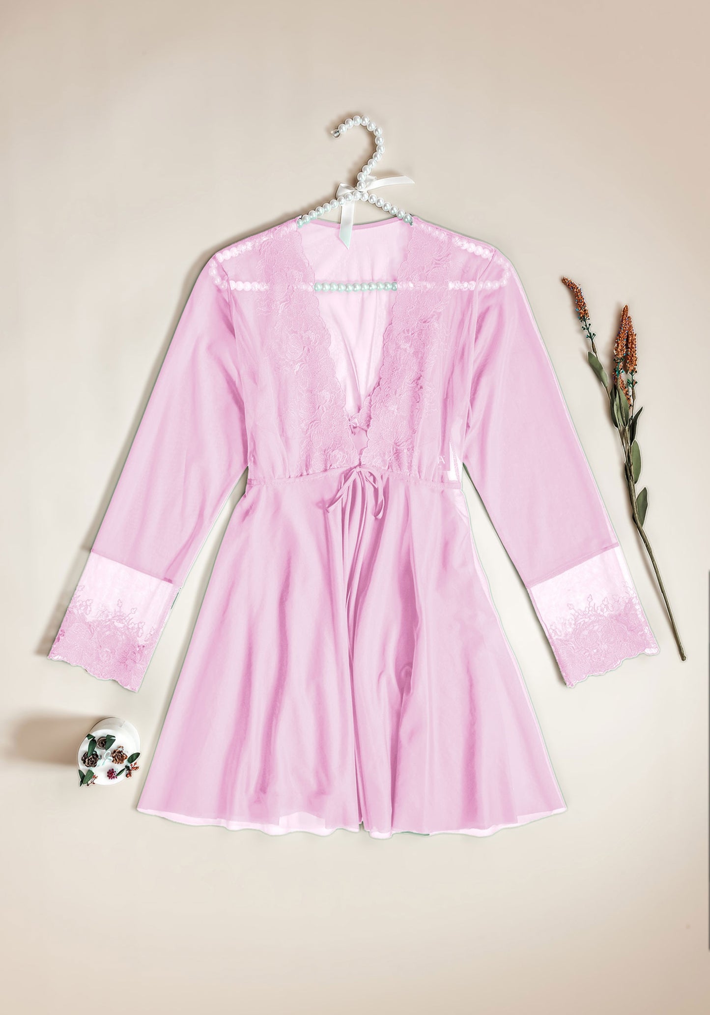 Satin Robe Set: Satin Lace Babydoll And Short Satin Lace Kimono