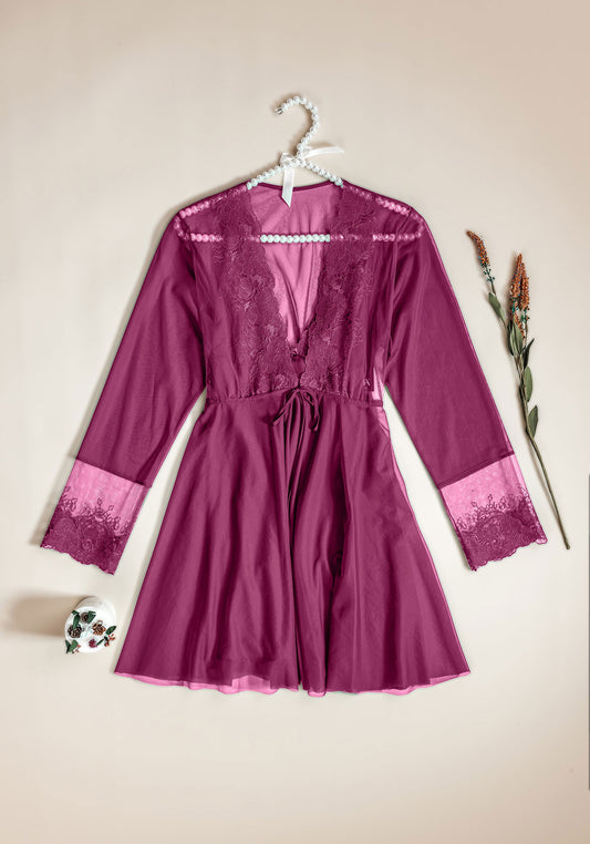 Satin Robe Set: Satin Lace Babydoll And Short Satin Lace Kimono