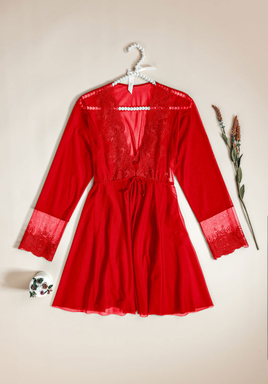 Satin Robe Set: Satin Lace Babydoll And Short Satin Lace Kimono