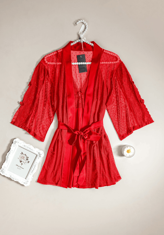 Satin Robe Set: Satin Babydoll With Lace Detail And Short Toulle Lace Kimono