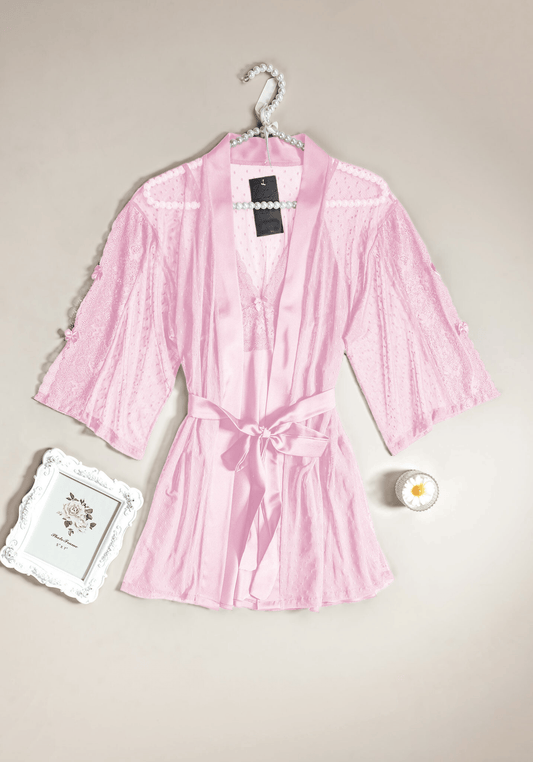 Satin Robe Set: Satin Babydoll With Lace Detail And Short Toulle Lace Kimono