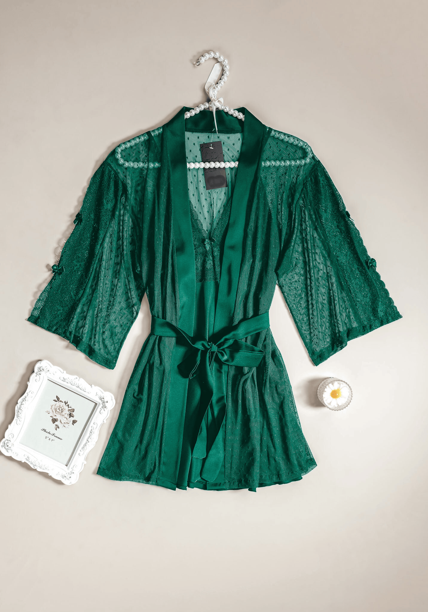 Satin Robe Set: Satin Babydoll With Lace Detail And Short Toulle Lace Kimono