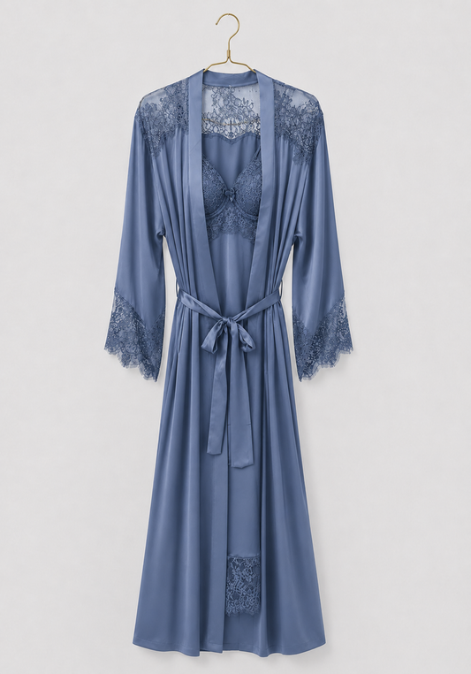 Lingerie Long Robe Set: Satin Padded Underwire Cup Long Nighty And Satin Long Sleeve Long Robe With Lace Detail