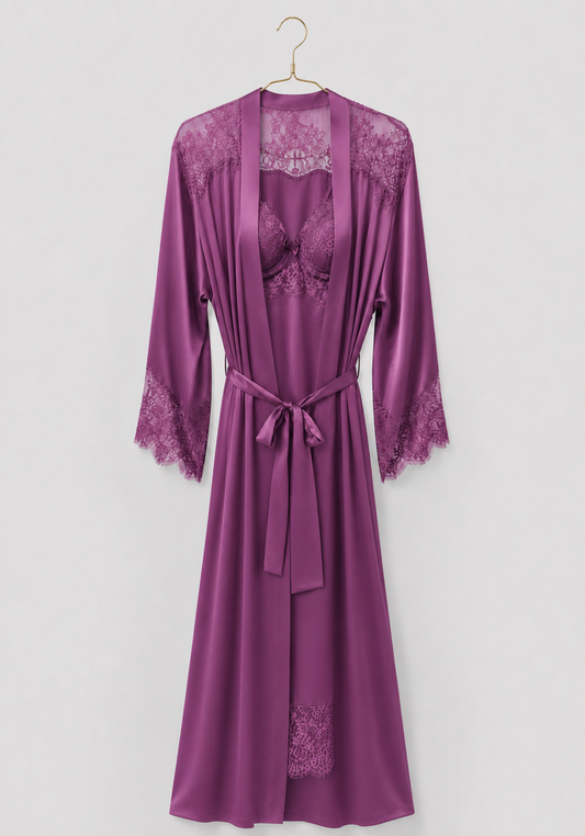 Lingerie Long Robe Set: Satin Padded Underwire Cup Long Nighty And Satin Long Sleeve Long Robe With Lace Detail