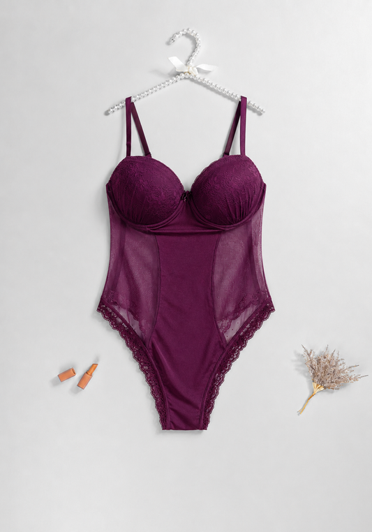 Lingerie Short Robe Set: Underwire Padded Cup Toulle Bodysuit And Toulle Short Robe