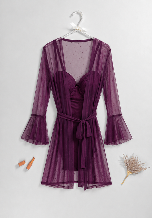 Lingerie Short Robe Set: Underwire Padded Cup Toulle Bodysuit And Toulle Short Robe