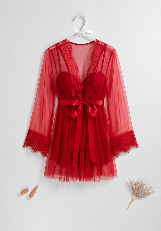 Lingerie Short Robe Set: Underwire Padded Cup Babydoll And Schiffon Short Robe With Dantel